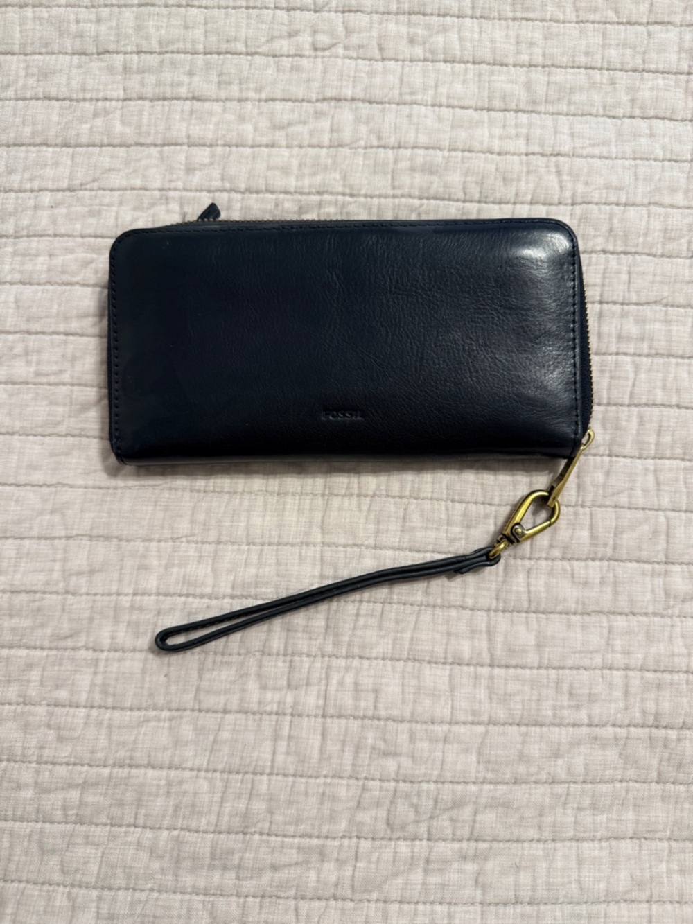 Fossil Black Leather Zip-Around Wristlet with Gold Hardware